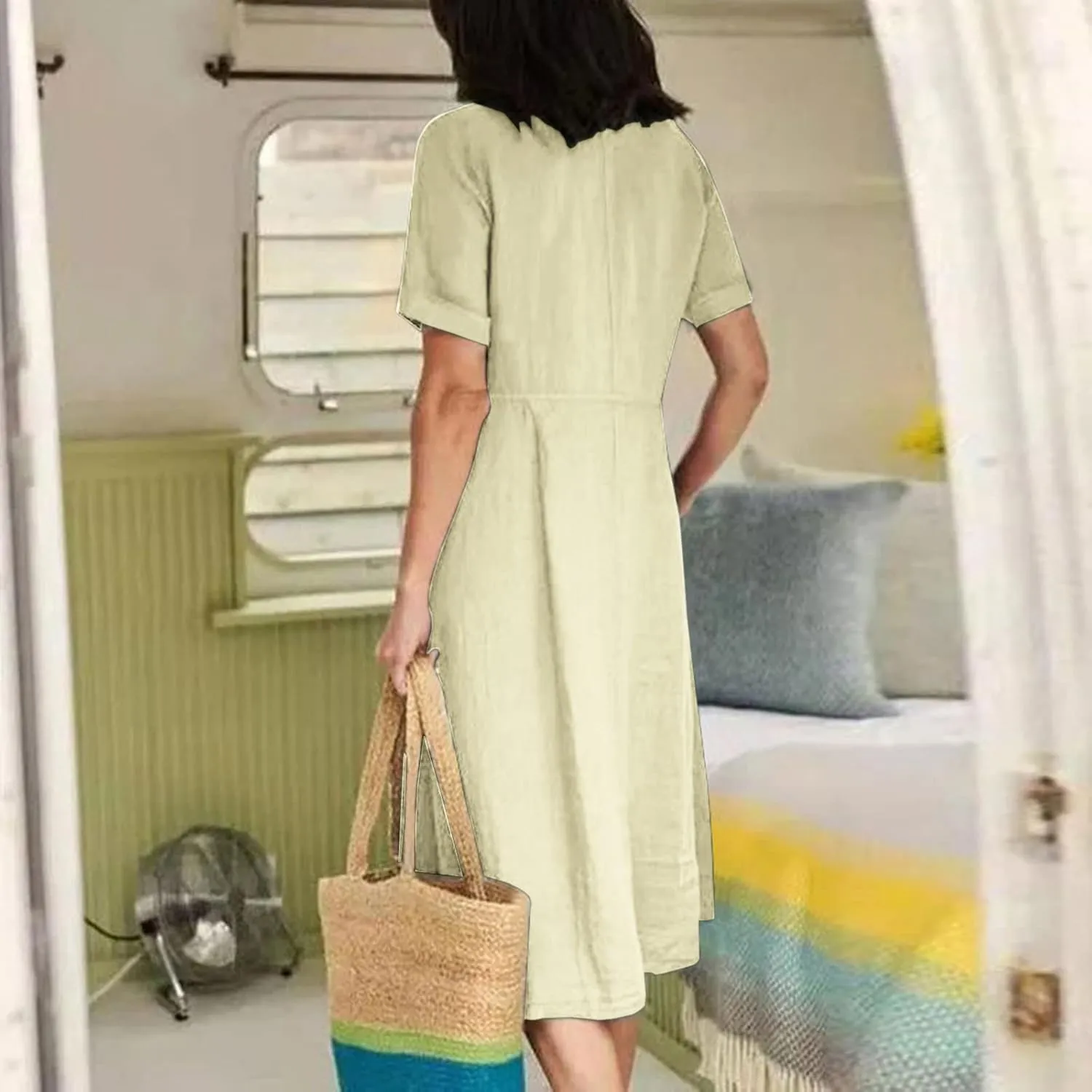 Women's Button Down Shirts Dresses with Pockets Cotton Button Up Blous Dress Casual Casual Short Sleeve Solid Clothes