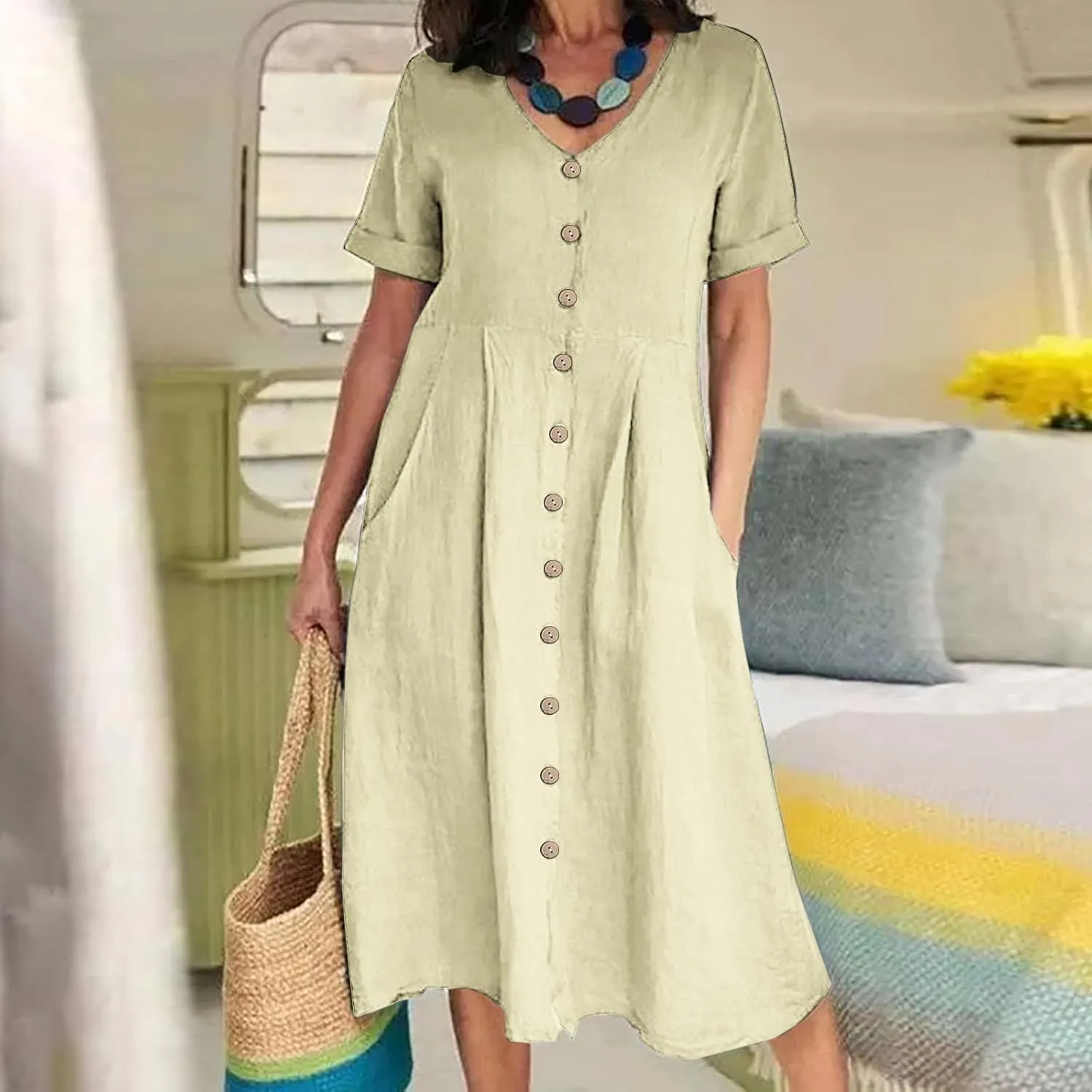 Women's Button Down Shirts Dresses with Pockets Cotton Button Up Blous Dress Casual Casual Short Sleeve Solid Clothes