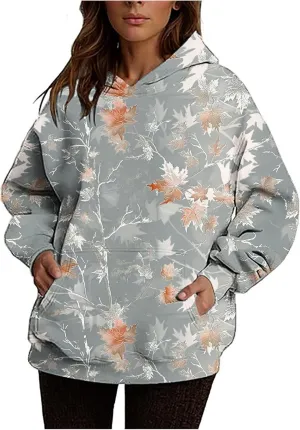 Womens Camo Hoodie Sweatshirt Oversized Maple Leaf Print Cute Hooded Sweatshirt Hoodies Pullover Trendy Fall Clothes