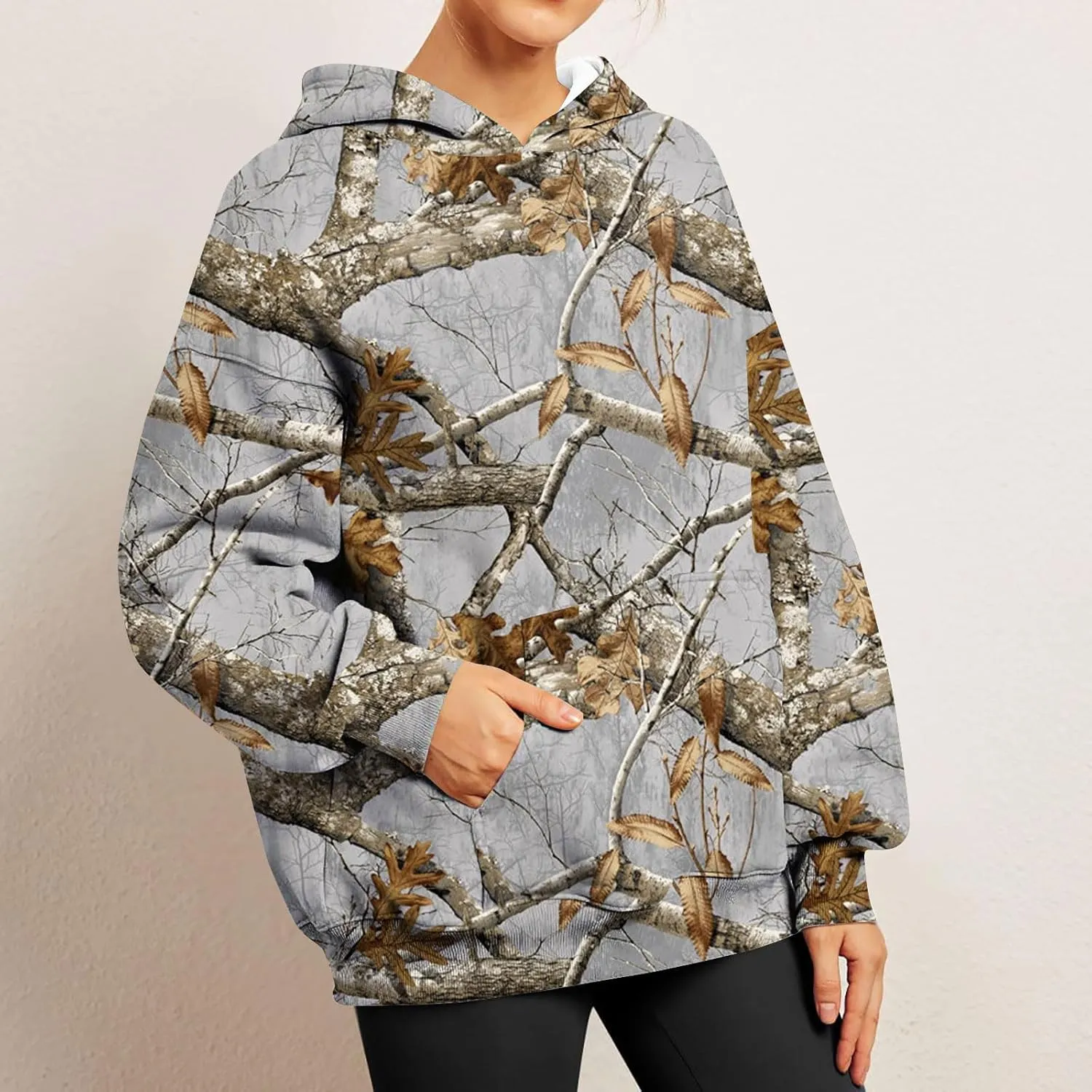 Womens Camo Hoodies Long Sleeve Pullover Fleece Oversized Sweaters Casual Sweatshirt for Teen Girls Tops with PocketW9