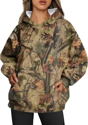 Womens Camo Hoodies Long Sleeve Pullover Fleece Oversized Sweaters Casual Sweatshirt for Teen Girls Tops with PocketW9