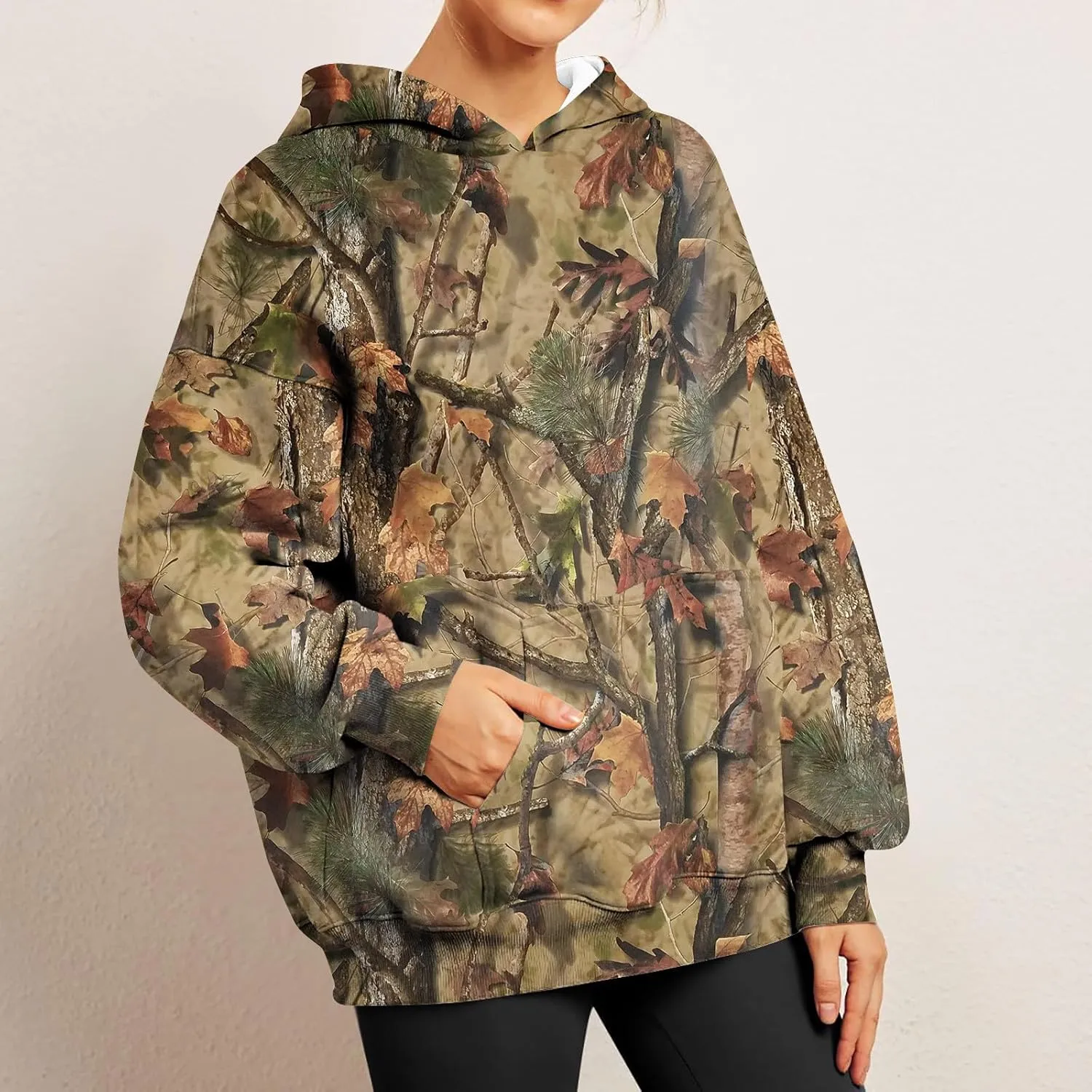 Womens Camo Hoodies Long Sleeve Pullover Fleece Oversized Sweaters Casual Sweatshirt for Teen Girls Tops with PocketW9