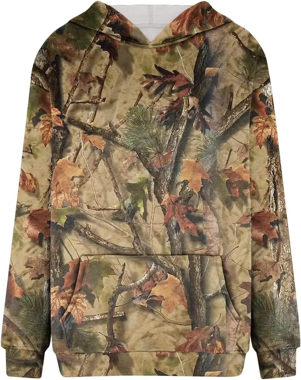 Womens Camo Hoodies Long Sleeve Pullover Fleece Oversized Sweaters Casual Sweatshirt for Teen Girls Tops with PocketW9