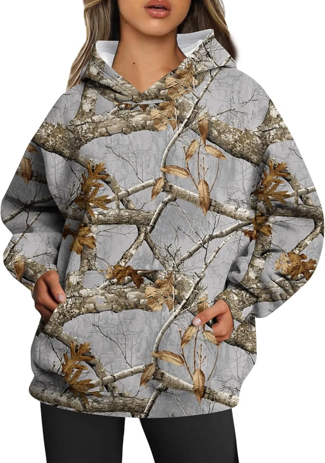 Womens Camo Hoodies Long Sleeve Pullover Fleece Oversized Sweaters Casual Sweatshirt for Teen Girls Tops with PocketW9