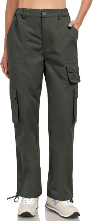 Women's Cargo Work Pants Elastic Waist Straight Leg Casual Travel Hiking Pants Loose Cotton Military Pants 7 Pockets