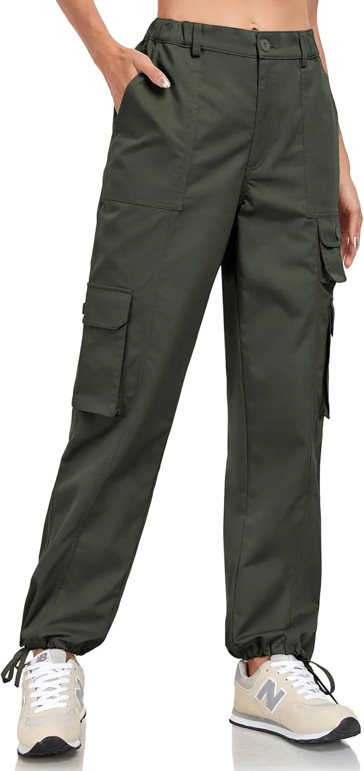 Women's Cargo Work Pants Elastic Waist Straight Leg Casual Travel Hiking Pants Loose Cotton Military Pants 7 Pockets