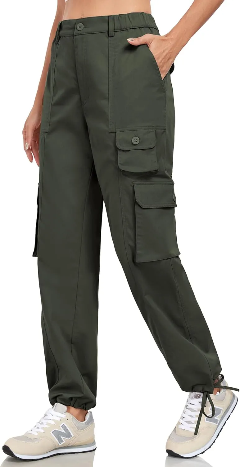 Women's Cargo Work Pants Elastic Waist Straight Leg Casual Travel Hiking Pants Loose Cotton Military Pants 7 Pockets