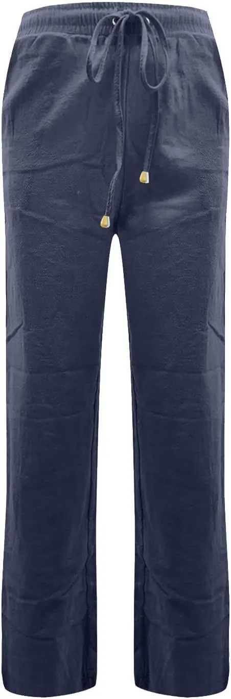 Women's Casual Cotton Linen Pants Summer Relax Fit Elastic Waist Straight Leg Comfy Solid Color Lounge Long Trouser