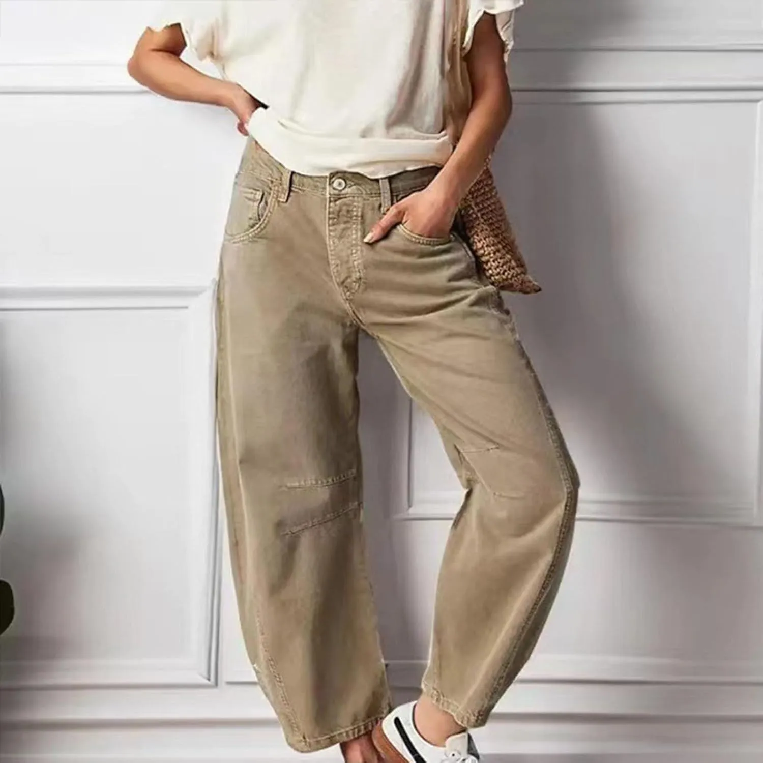 Women's Casual Jeans Elastic Waist Front Button Wide Leg Harem Trousers Fashion Loose Fit Comfy Street Hip Hip Pants