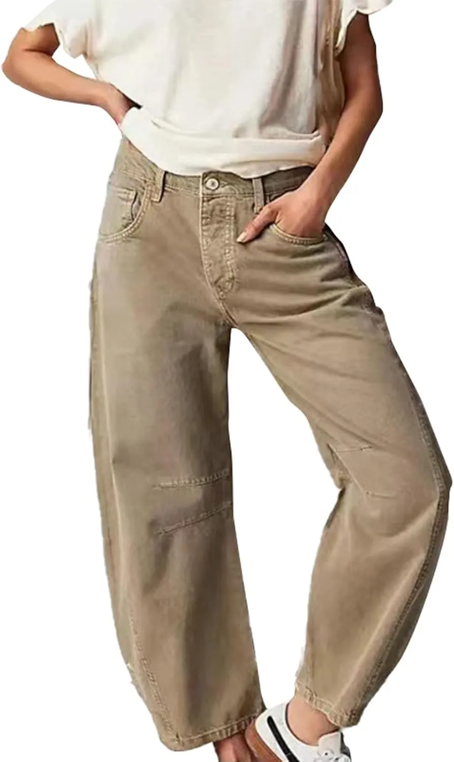 Women's Casual Jeans Elastic Waist Front Button Wide Leg Harem Trousers Fashion Loose Fit Comfy Street Hip Hip Pants