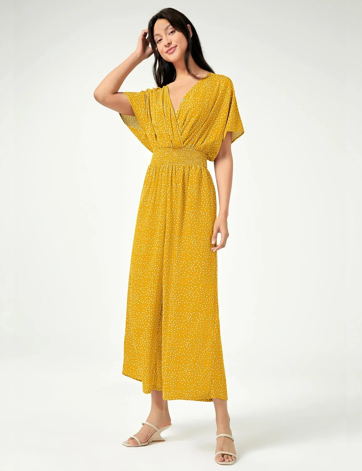 Women's Casual Jumpsuit Floral Short Sleeve Romper V Neck Polka Dots Wide Leg Pants with Pockets