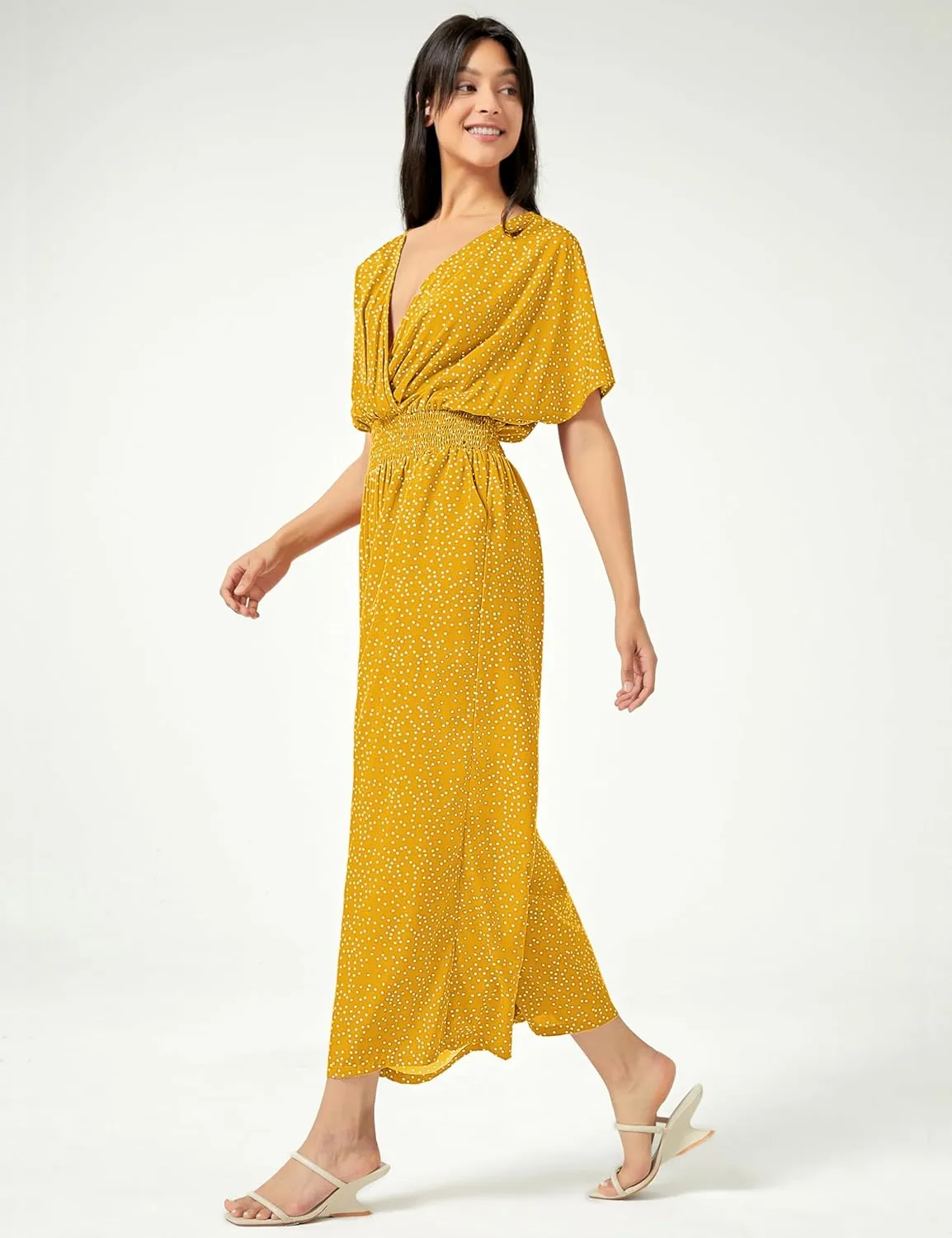 Women's Casual Jumpsuit Floral Short Sleeve Romper V Neck Polka Dots Wide Leg Pants with Pockets