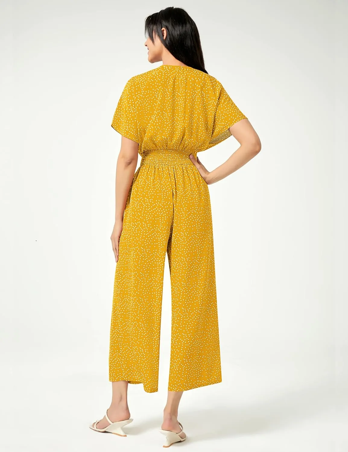 Women's Casual Jumpsuit Floral Short Sleeve Romper V Neck Polka Dots Wide Leg Pants with Pockets