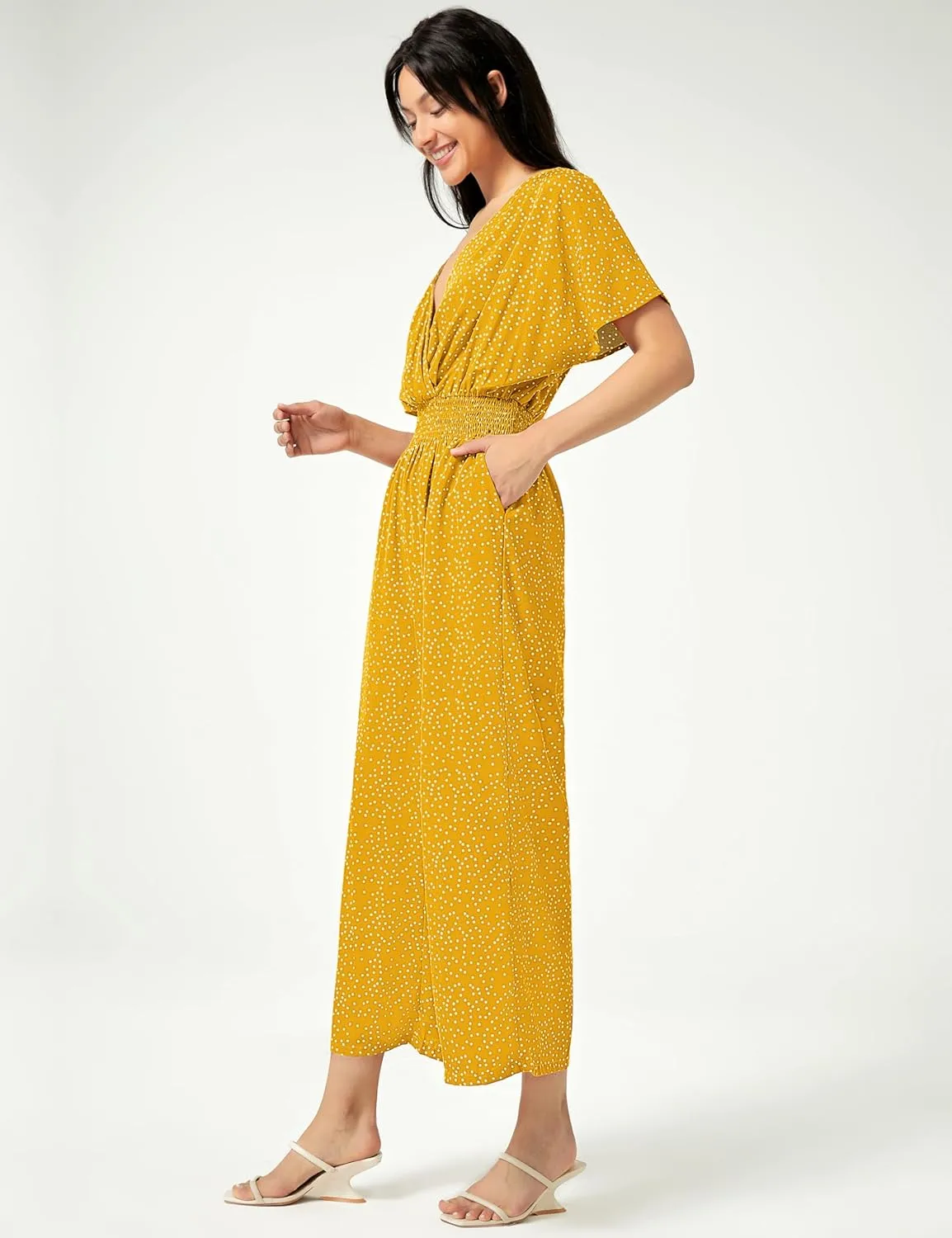 Women's Casual Jumpsuit Floral Short Sleeve Romper V Neck Polka Dots Wide Leg Pants with Pockets