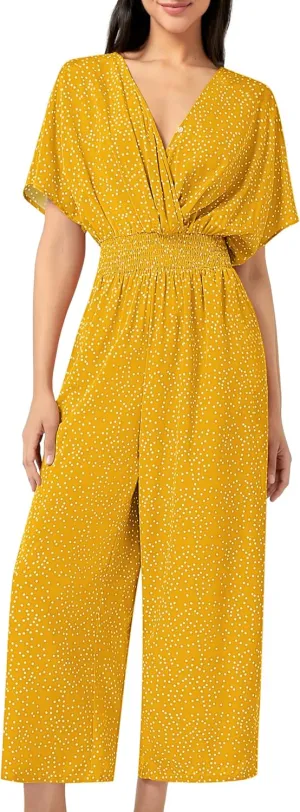 Women's Casual Jumpsuit Floral Short Sleeve Romper V Neck Polka Dots Wide Leg Pants with Pockets