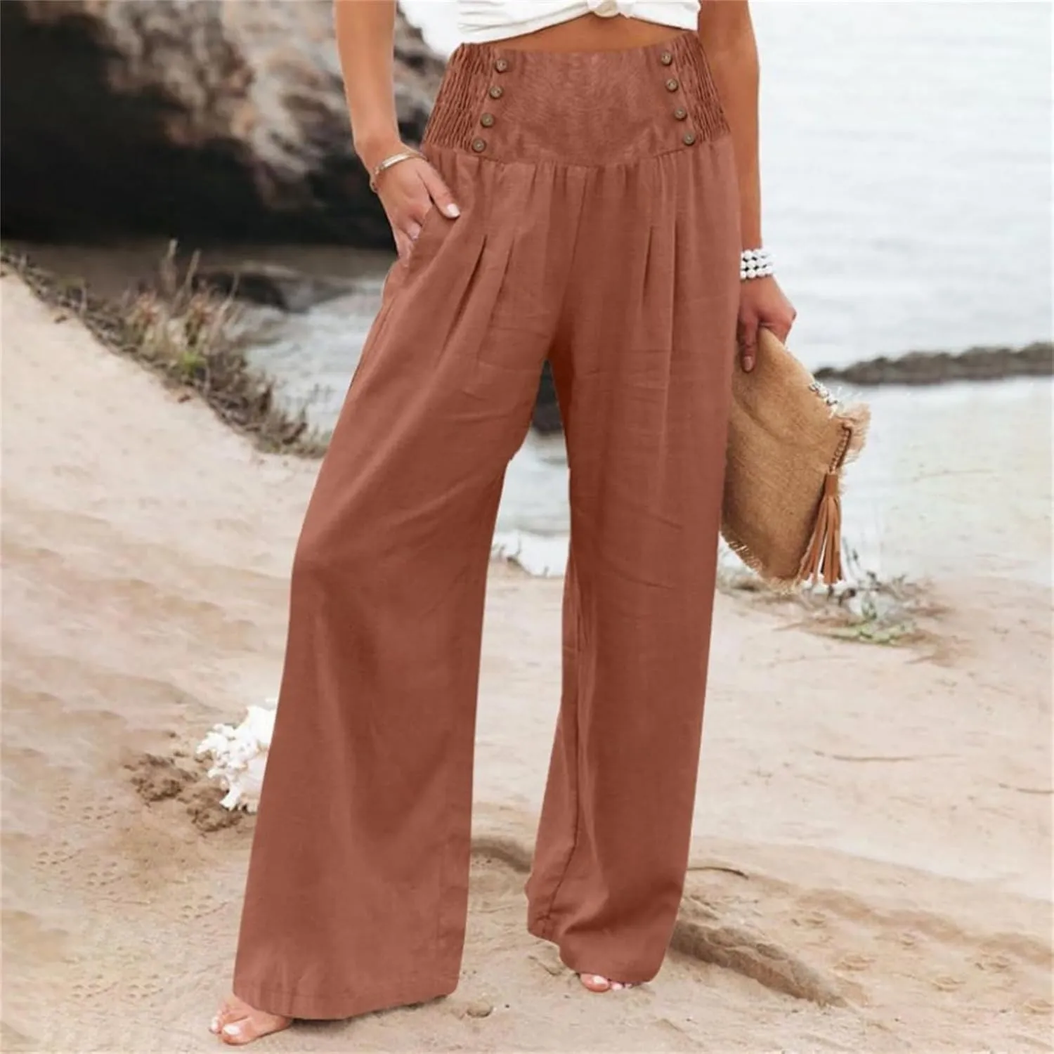 Women's Casual Long Palazzo Pants Cotton Linen Elastic High Waist Wide Leg Pant Loose Lounge Comfy Beach Trousers