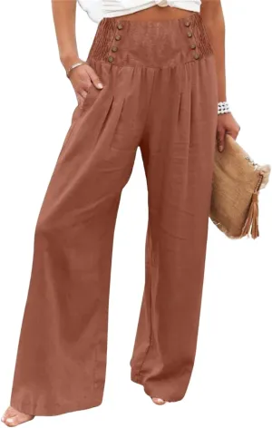 Women's Casual Long Palazzo Pants Cotton Linen Elastic High Waist Wide Leg Pant Loose Lounge Comfy Beach Trousers