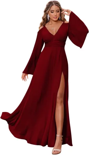 Women's Chiffon Bridesmaid Dress with Sleeves Long Fall Formal Dress