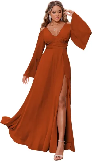 Women's Chiffon Bridesmaid Dress with Sleeves Long Fall Formal Dress