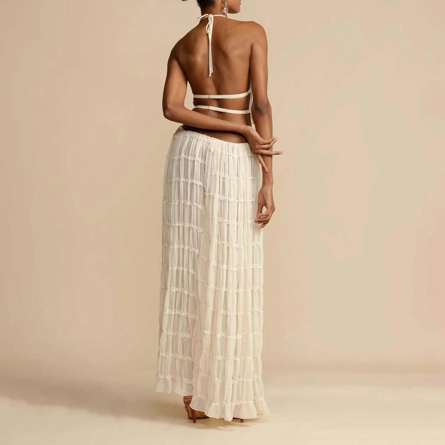 Women's Chiffon Pleated Maxi Skirt and Neck Crop Top Set with Wooden Bead Trim Women Gowns and Evening Dresses