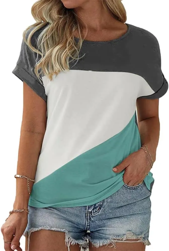 Womens Color Block Short Sleeve Tops Casual Summer T-Shirt