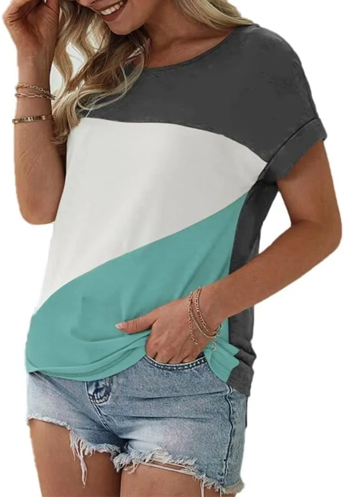 Womens Color Block Short Sleeve Tops Casual Summer T-Shirt