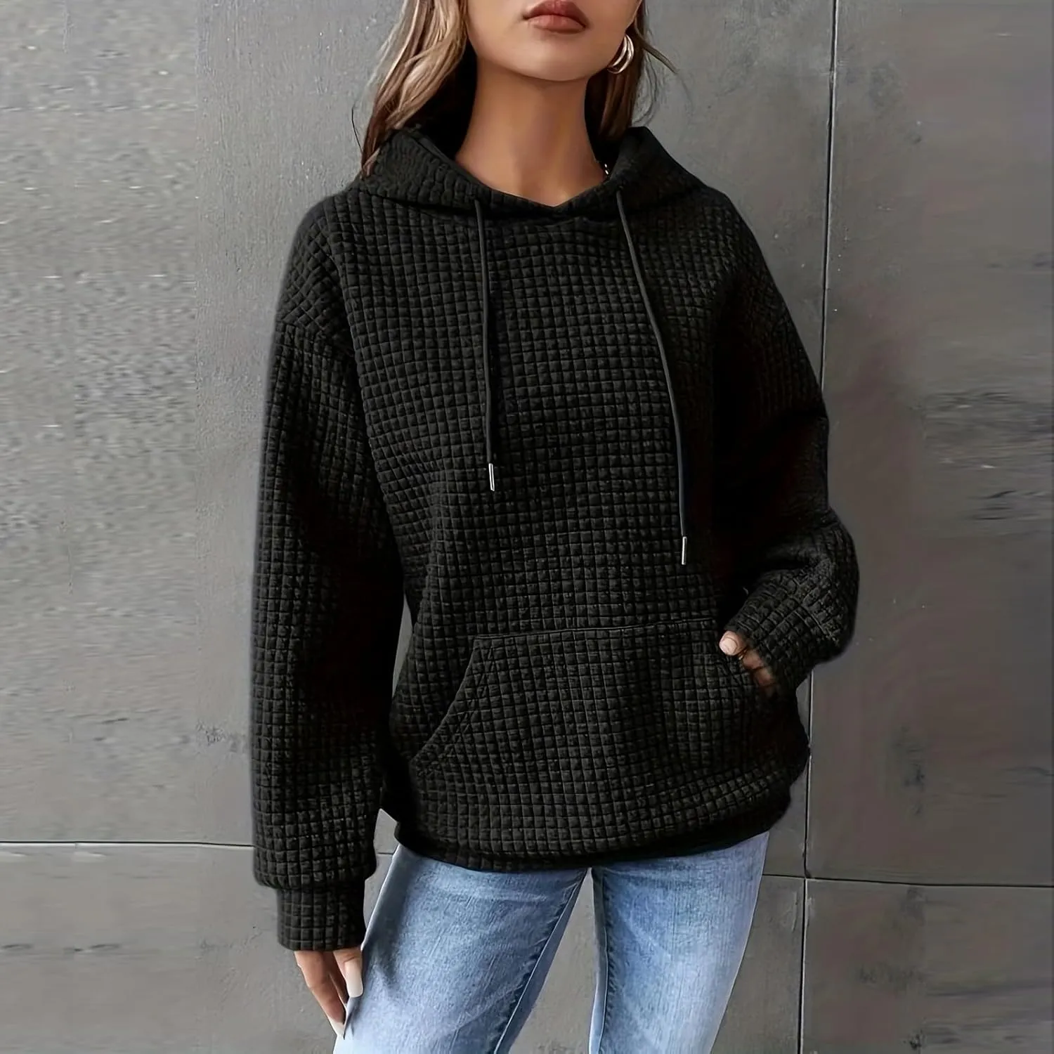 Womens Comfort Hoodies for Anxiety Casual Long Sleeve Drawstring Waffle Pullover Loose Hooded Sweatshirt with Pocket
