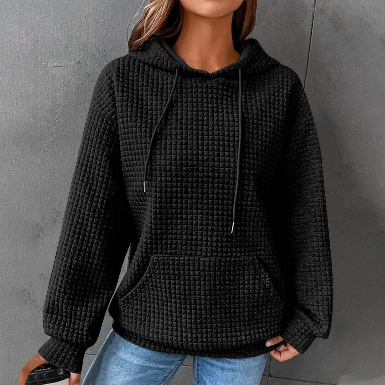 Womens Comfort Hoodies for Anxiety Casual Long Sleeve Drawstring Waffle Pullover Loose Hooded Sweatshirt with Pocket