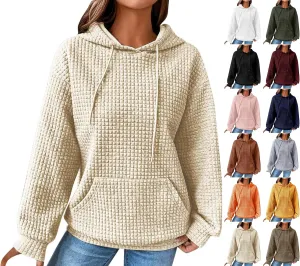 Womens Comfort Hoodies for Anxiety Casual Long Sleeve Drawstring Waffle Pullover Loose Hooded Sweatshirt with Pocket
