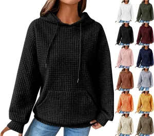 Womens Comfort Hoodies for Anxiety Casual Long Sleeve Drawstring Waffle Pullover Loose Hooded Sweatshirt with Pocket