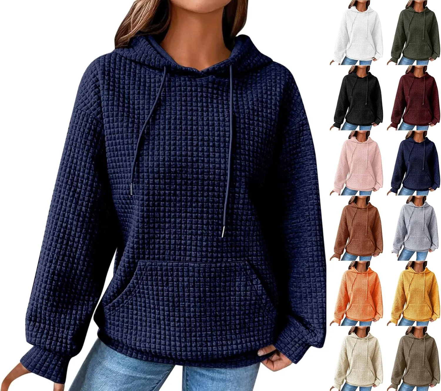 Womens Comfort Hoodies for Anxiety Casual Long Sleeve Drawstring Waffle Pullover Loose Hooded Sweatshirt with Pocket