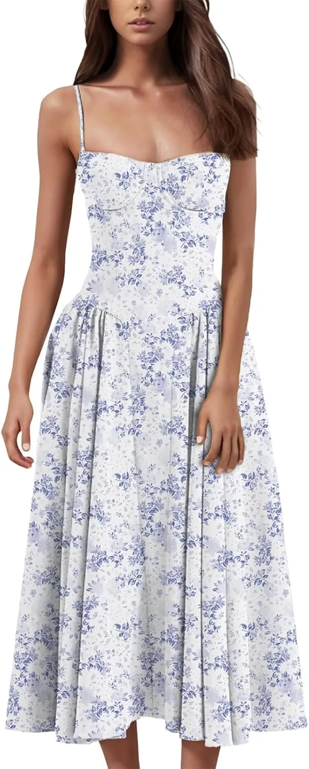 Womens Corset Dress Spaghetti Strap Bustier Midi Dress Pleated Hem Elegant Low Cut Prom Dresses with Pockets