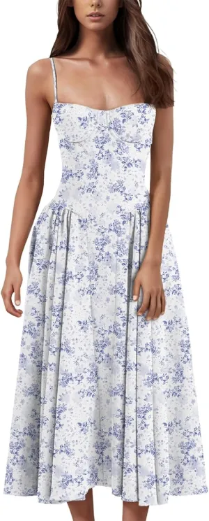 Womens Corset Dress Spaghetti Strap Bustier Midi Dress Pleated Hem Elegant Low Cut Prom Dresses with Pockets