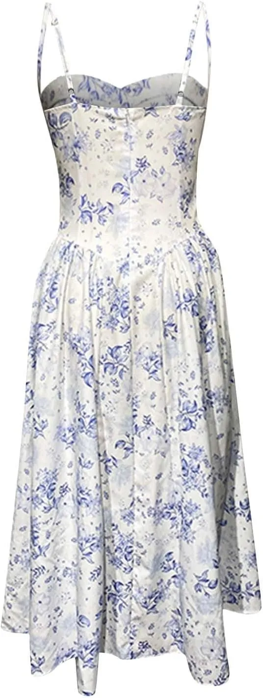 Womens Corset Dress Spaghetti Strap Bustier Midi Dress Pleated Hem Elegant Low Cut Prom Dresses with Pockets