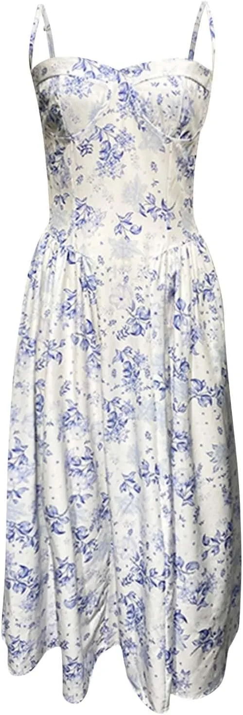 Womens Corset Dress Spaghetti Strap Bustier Midi Dress Pleated Hem Elegant Low Cut Prom Dresses with Pockets
