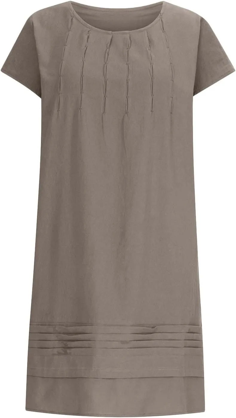 Women's Cotton Linen Dress Pleated Summer Dresses Round Neck Short Sleeve Sundress Beach Vacation Casual Mini Dress