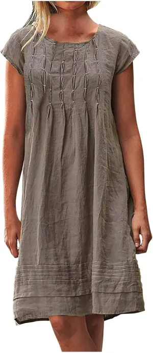 Women's Cotton Linen Dress Pleated Summer Dresses Round Neck Short Sleeve Sundress Beach Vacation Casual Mini Dress