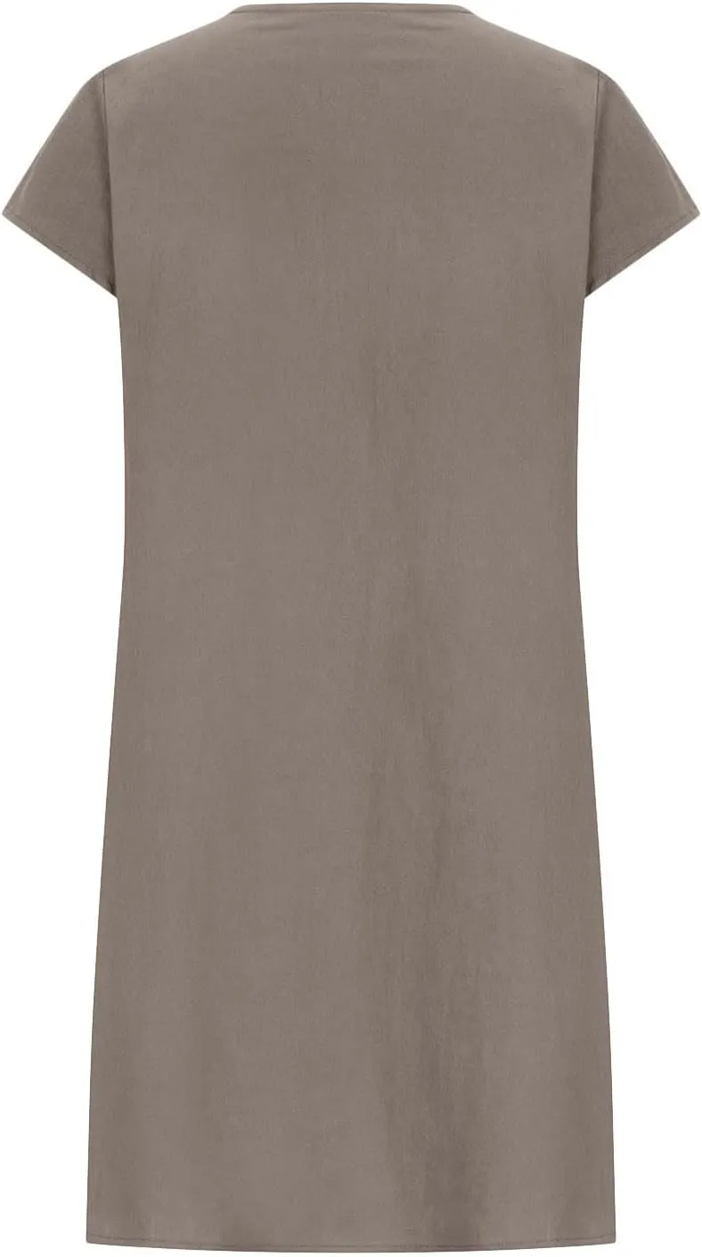 Women's Cotton Linen Dress Pleated Summer Dresses Round Neck Short Sleeve Sundress Beach Vacation Casual Mini Dress