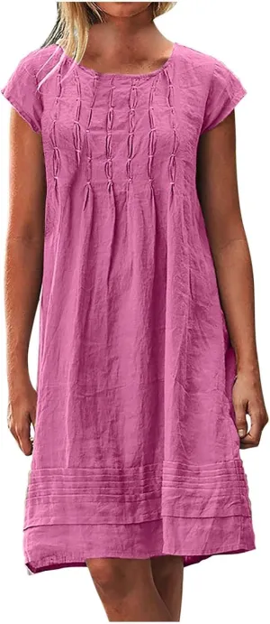Women's Cotton Linen Pleated Dress Loose Fit Crewneck Short Sleeve Dresses Vacation Beach Sundress for Women 2025