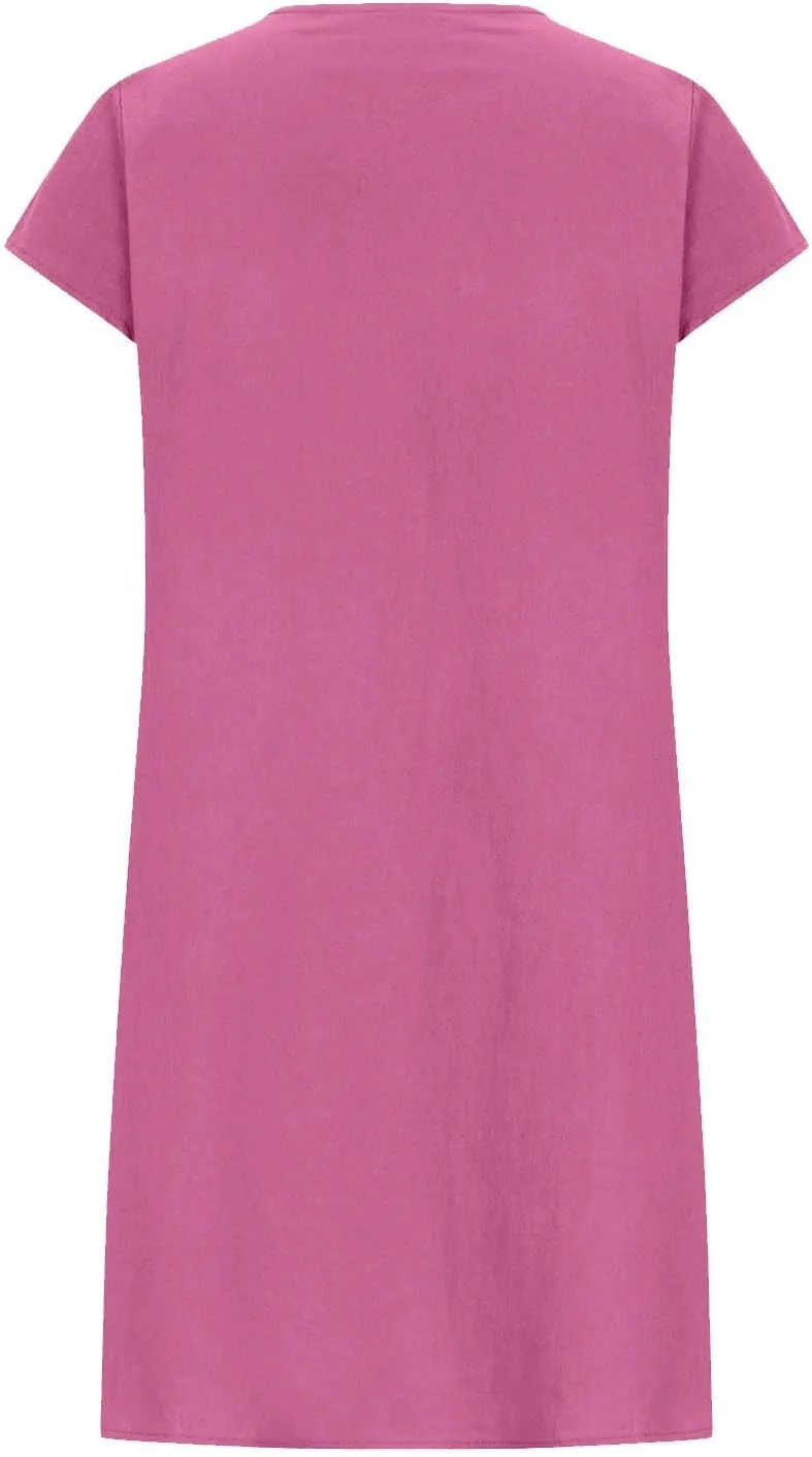 Women's Cotton Linen Pleated Dress Loose Fit Crewneck Short Sleeve Dresses Vacation Beach Sundress for Women 2025