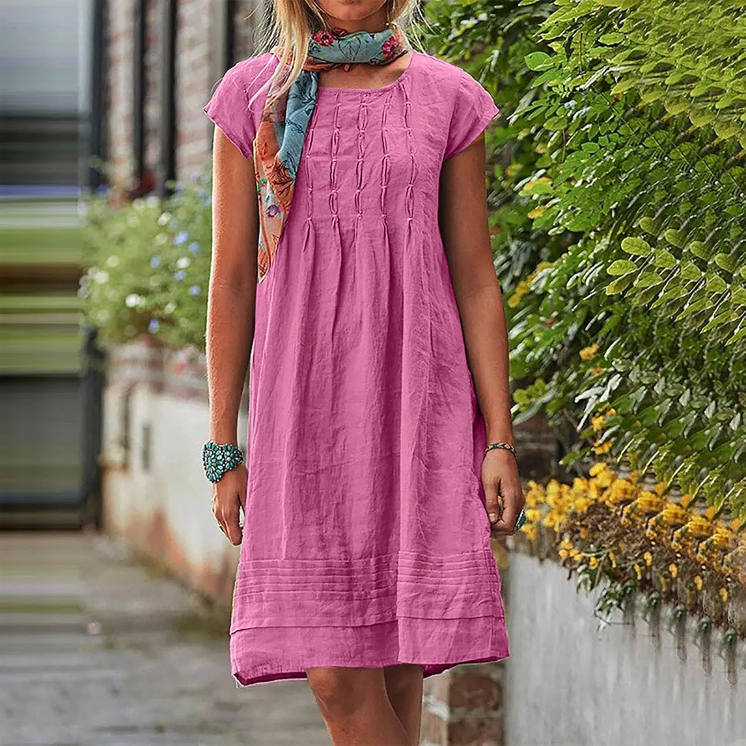 Women's Cotton Linen Pleated Dress Loose Fit Crewneck Short Sleeve Dresses Vacation Beach Sundress for Women 2025