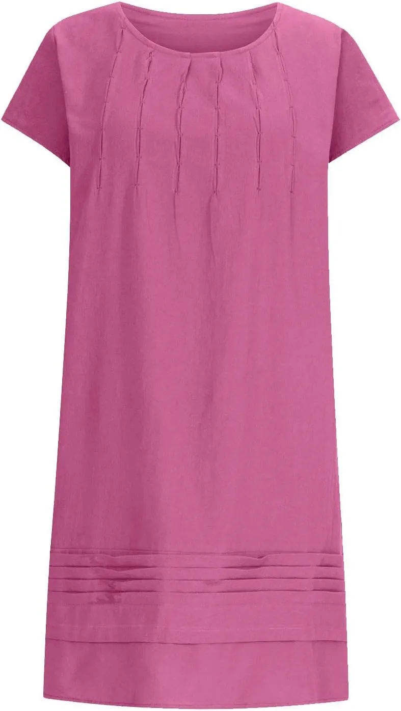 Women's Cotton Linen Pleated Dress Loose Fit Crewneck Short Sleeve Dresses Vacation Beach Sundress for Women 2025