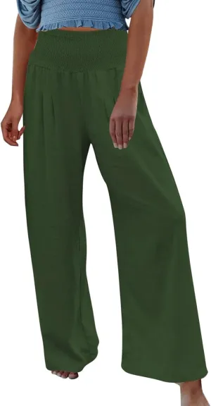 Womens Cotton Linen Wide Leg Pants Elastic High Waist Wide Leg Palazzo Pants