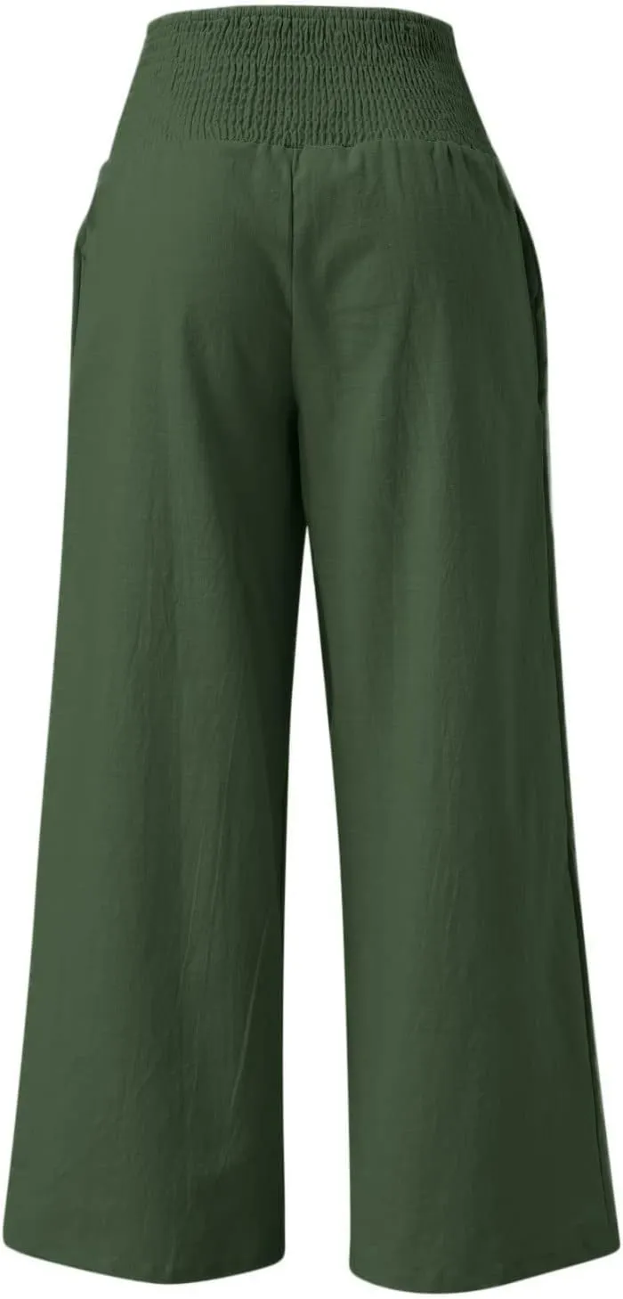 Womens Cotton Linen Wide Leg Pants Elastic High Waist Wide Leg Palazzo Pants