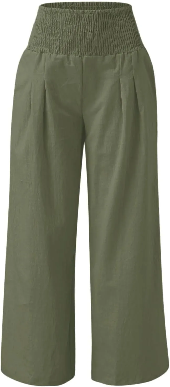 Womens Cotton Linen Wide Leg Pants Elastic High Waist Wide Leg Palazzo Pants