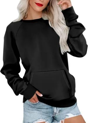 Womens Crewneck Sweatshirt Raglan Sleeve Pullover Sweatshirts No Hood Loose Fit Sweat Shirts Fall Outfits with Pocket