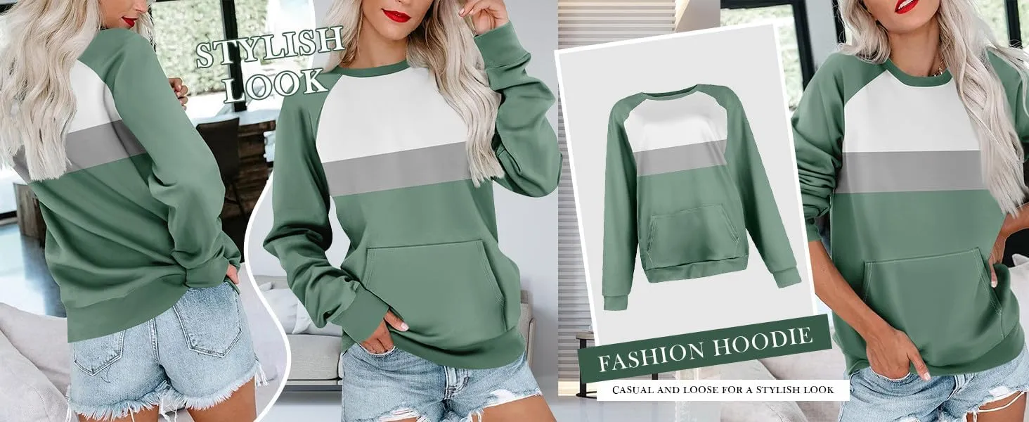 Womens Crewneck Sweatshirt Raglan Sleeve Pullover Sweatshirts No Hood Loose Fit Sweat Shirts Fall Outfits with Pocket