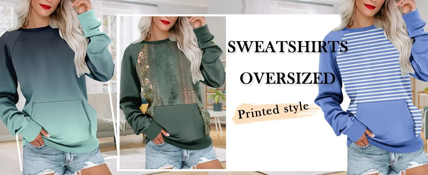 Womens Crewneck Sweatshirt Raglan Sleeve Pullover Sweatshirts No Hood Loose Fit Sweat Shirts Fall Outfits with Pocket