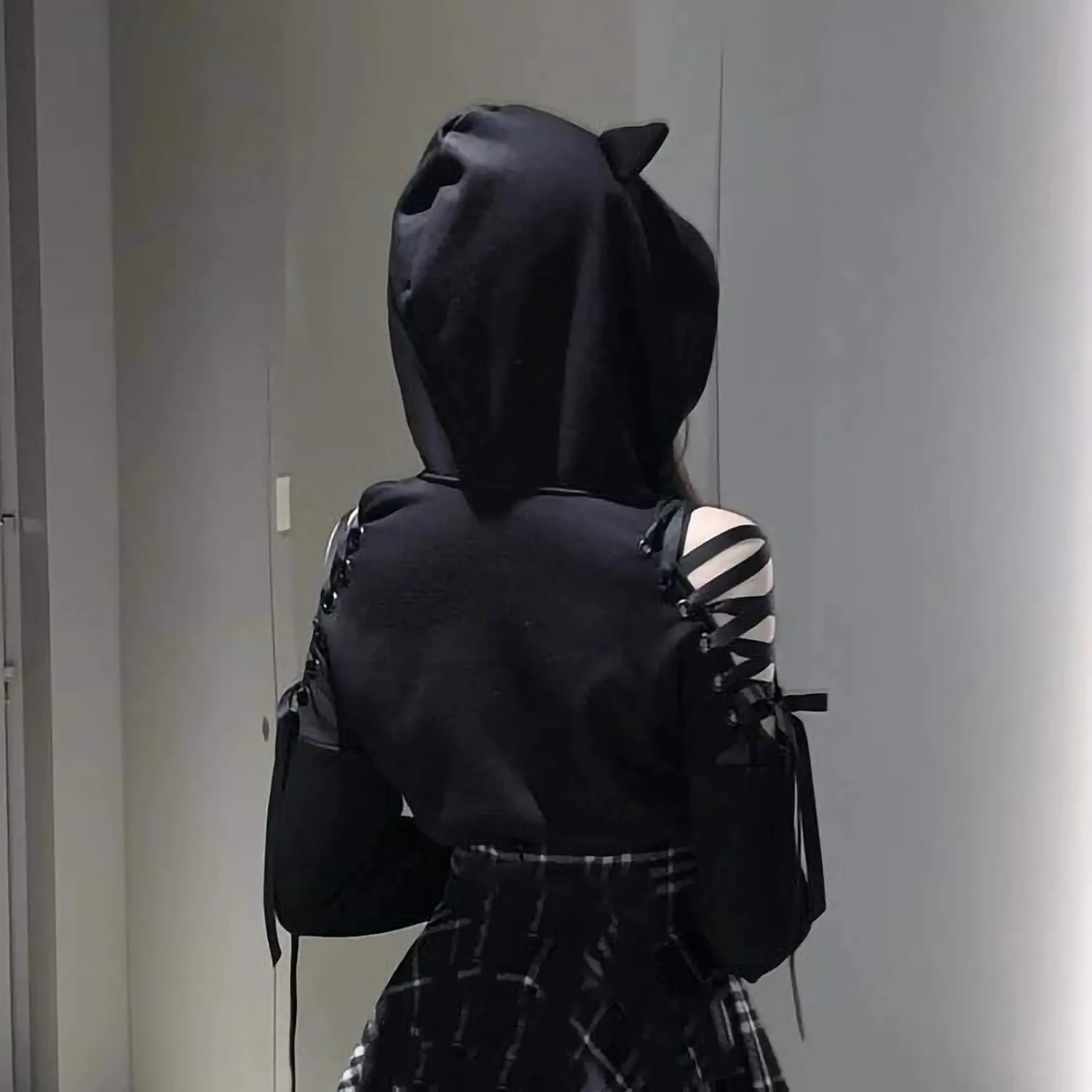 Women's Cute Ear Hoodies Sweatshirts Dark Gothic Clothes Sexy Bandage Crop Hooded Pullover Long Sleeve Hoodie Sweater