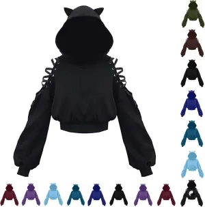 Women's Cute Ear Hoodies Sweatshirts Dark Gothic Clothes Sexy Bandage Crop Hooded Pullover Long Sleeve Hoodie Sweater